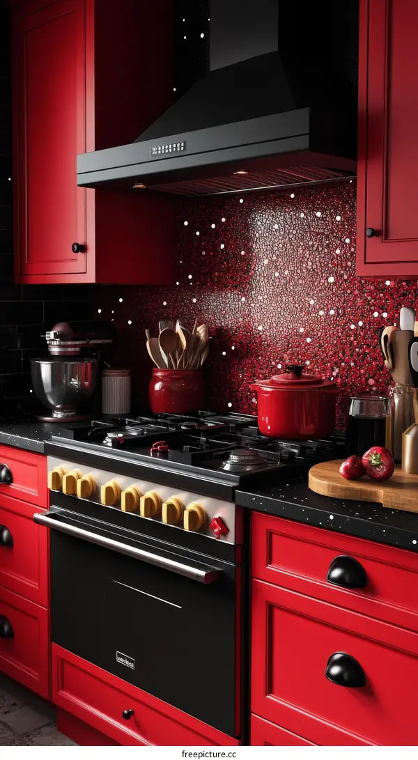 Red Kitchen with Black Appliances