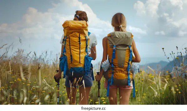 Two young women hiking in the mountains
