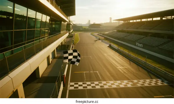 Sunlit racing track with checkered flag indicating finish line