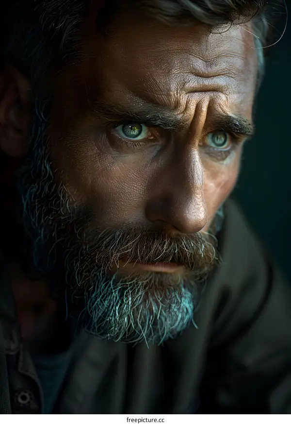 Close Up Portrait of a Bearded Man with Blue Eyes