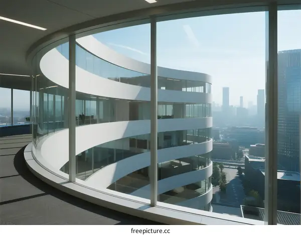 Curved Glass Office Building with Urban View