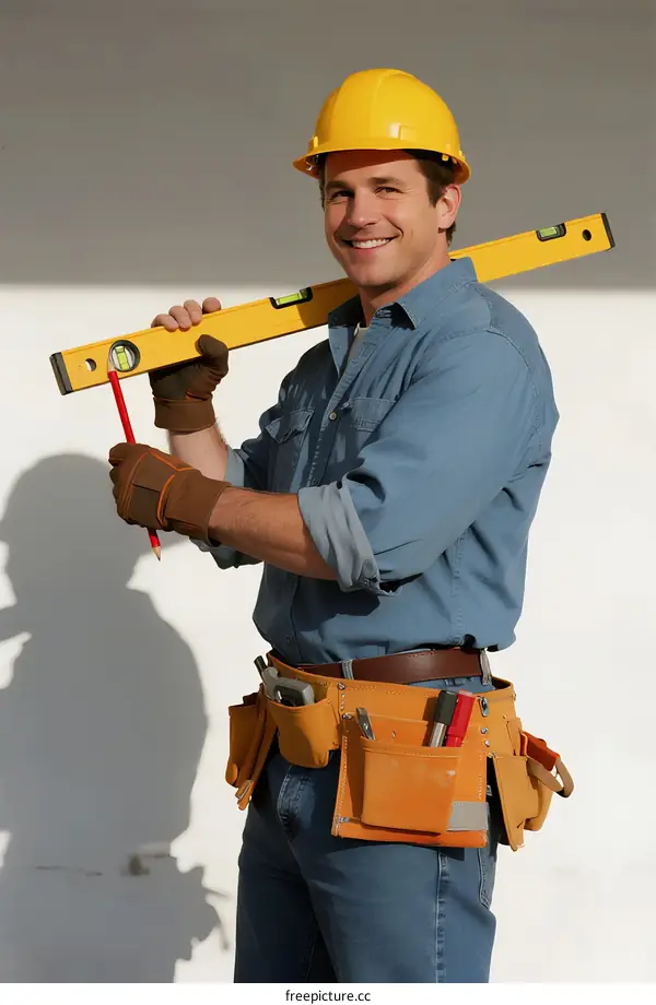 Male construction worker holding a spirit level at work