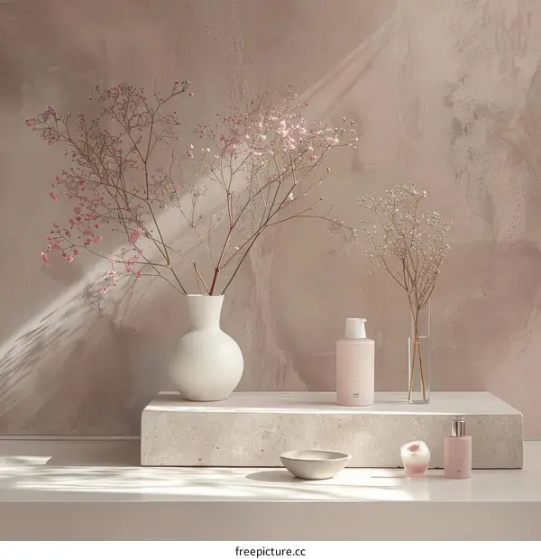 Dried Flowers and Cosmetics on Concrete Podium