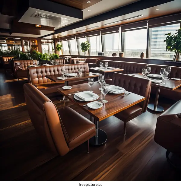 Elegant restaurant interior with brown leather booths and wood tables