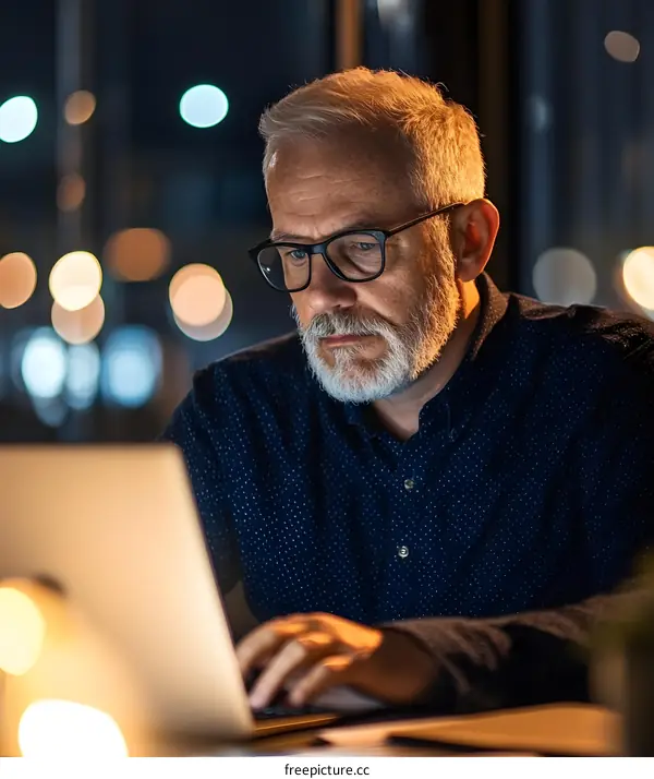 Mature Man Working On Laptop At Night