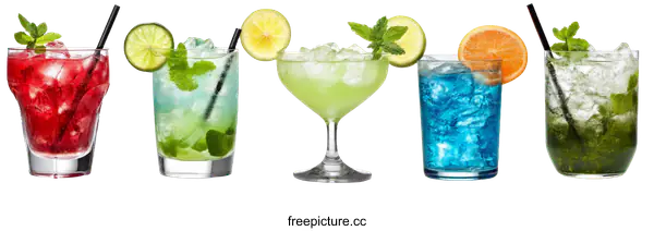 [Transparent Background PNG]Colorful Cocktails Collection with Ice and Fruits