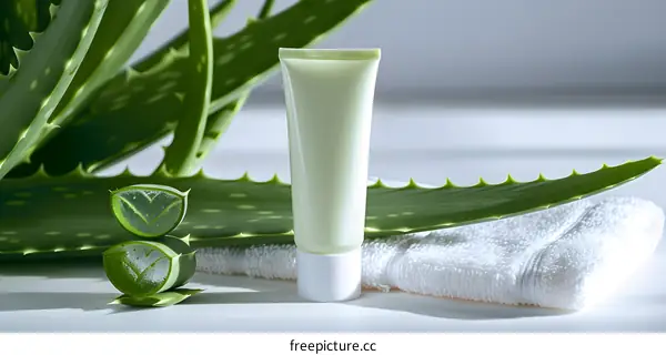 Aloe Vera Cream with Green Leaves and White Towel