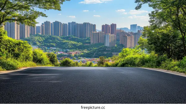 Cityscape Road View with Green Landscape