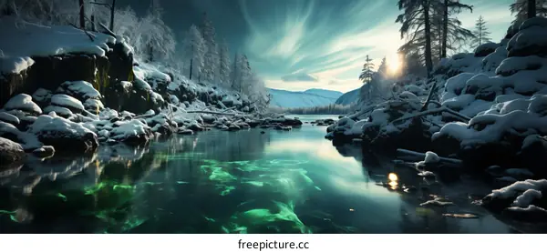 Winter Wonderland: A River Flows Through a Snowy Forest