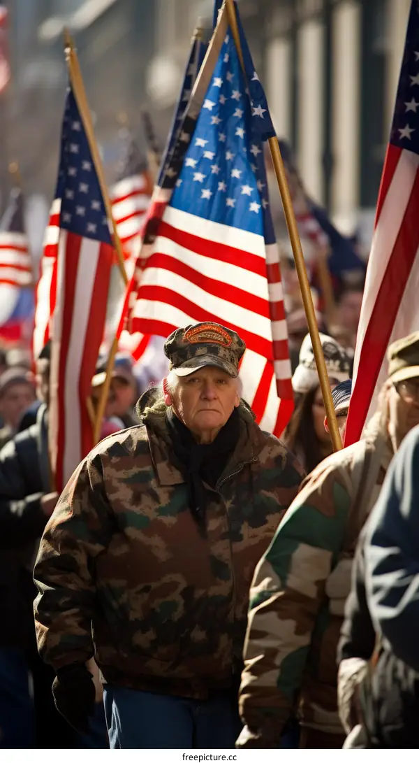 A man wearing a camouflage jacket and a military cap is walking in a parade with other people, all of whom are carrying American flags.