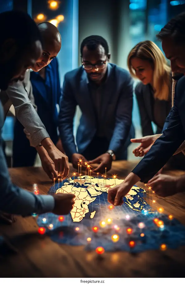 Diverse group of business professionals planning global strategy around illuminated world map