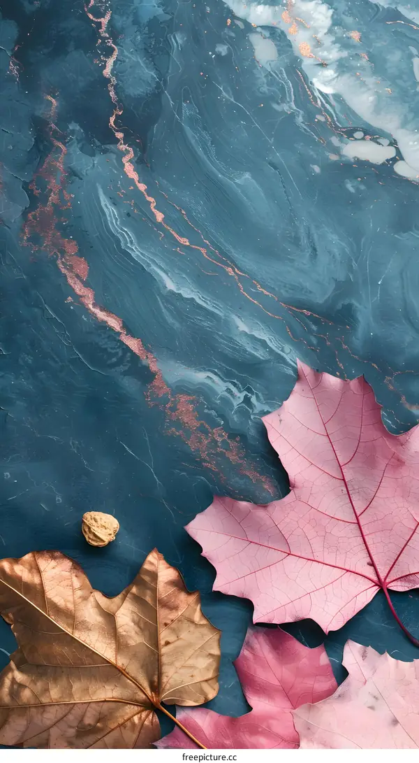 Fall Leaves on Marble Background with Gold Accents