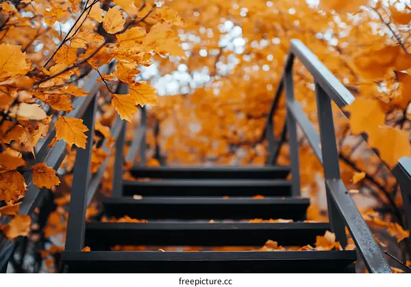 Autumn Leaves and Black Stairway