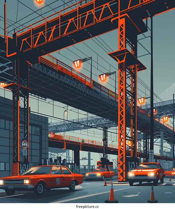 Retro Style Cityscape with Elevated Train and Cars