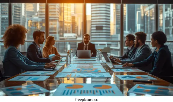 A group of people are sitting around a table having a meeting