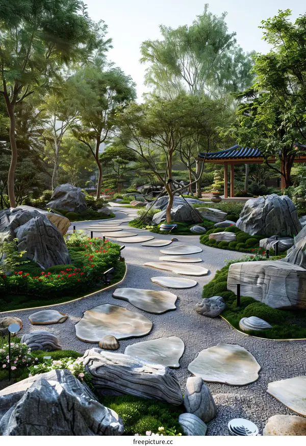 Digital Rendering of a Tranquil Zen Garden Pathway