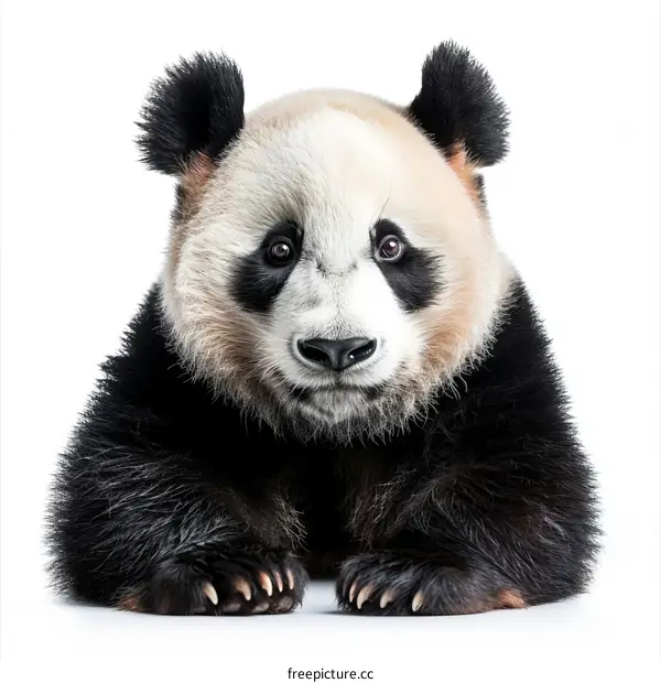 A cute panda is sitting on the ground and looking at the camera