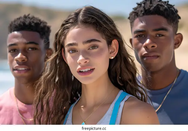 Portrait of Three Friends Smiling and Looking at the Camera