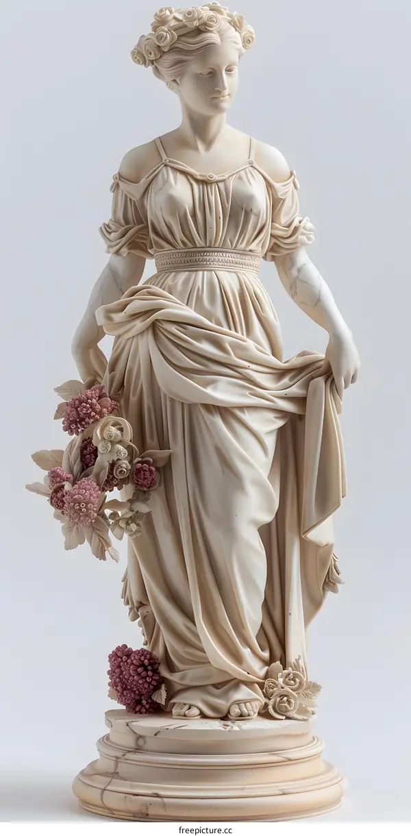 Marble Statue of a Woman with Flowers