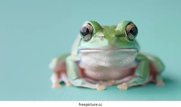 A green frog sits on a blue background