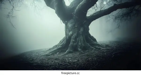 Mysterious Old Tree in Foggy Forest