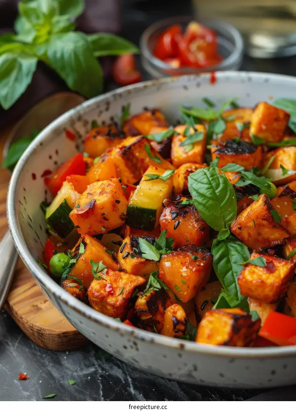 Vegan Sweet Potato Hash with Zucchini and Bell Pepper