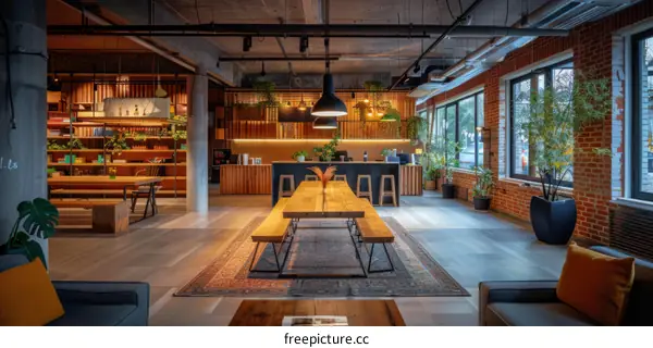 Rustic Modern Office Design with Brick Walls and Wood Tables