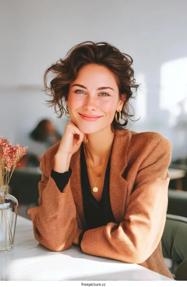 Smiling Woman in a Cafe Setting