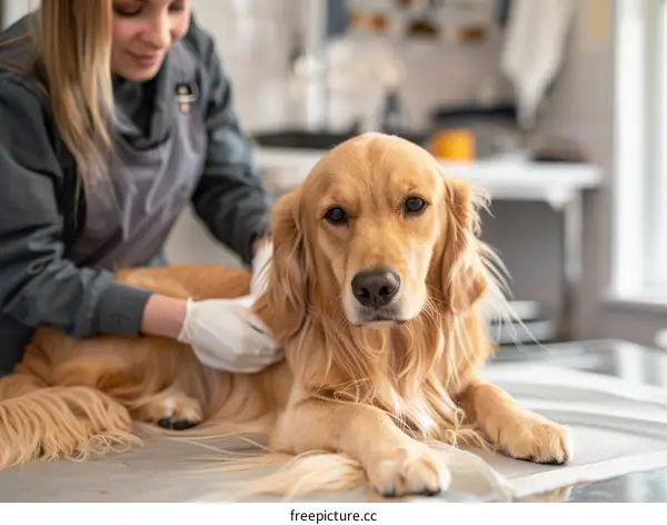 A blonde veterinarian is petting a golden retriever on an exam table