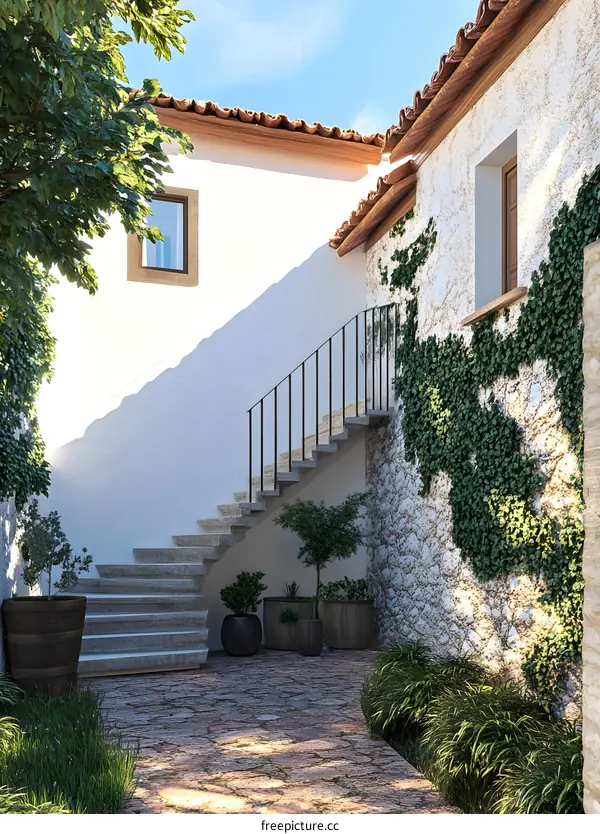White Stone Wall Staircase with Greenery