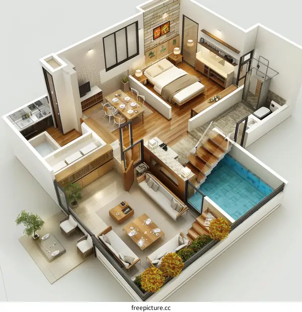 3D Rendering: Modern House Interior with Pool and Terrace