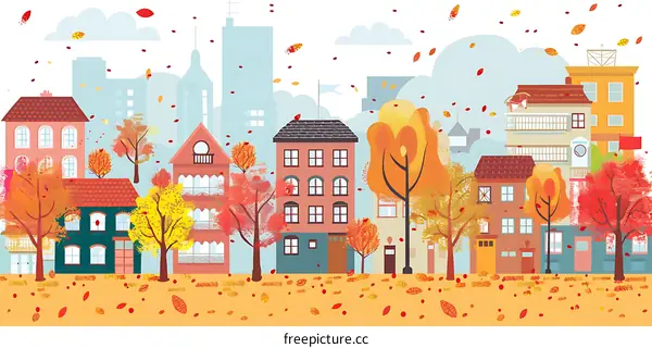 Fall Season Cityscape Illustration With Colorful Buildings And Trees