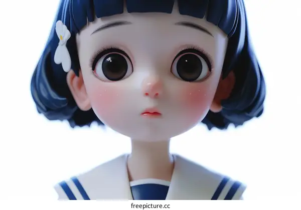 3D model of a cute girl with short black hair and brown eyes
