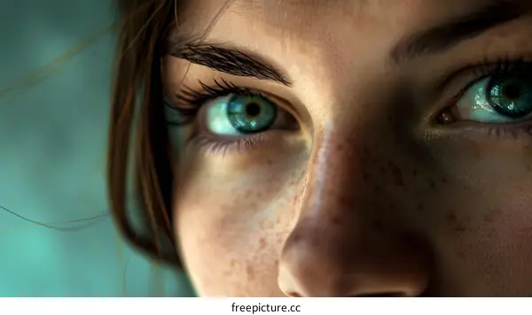 Closeup of a Young Woman with Blue Eyes and Freckles