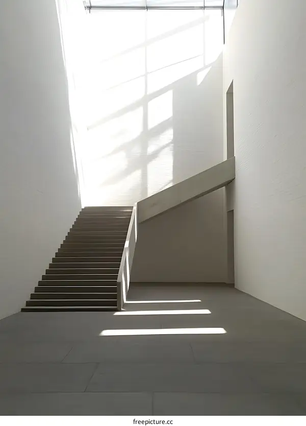 Modern Staircase in a White Interior with Sunlight Streaming Through a Skylight