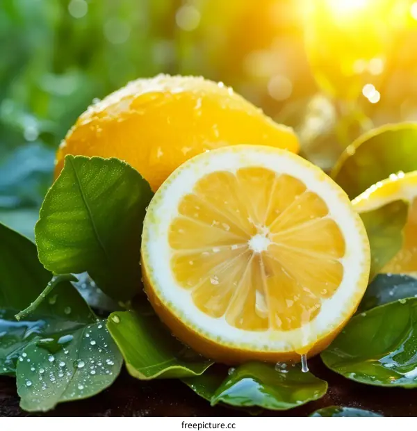 Close-up photo of a lemon cut in half with water droplets on the peel