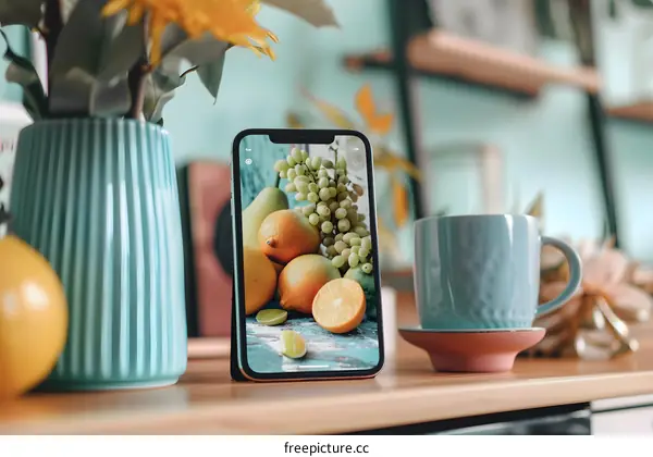 Smartphone Displaying Fruit Still Life Photography