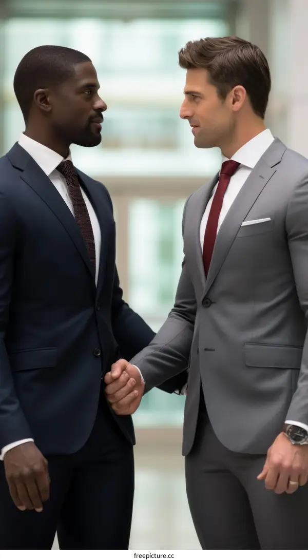 Two businessmen in suits shaking hands