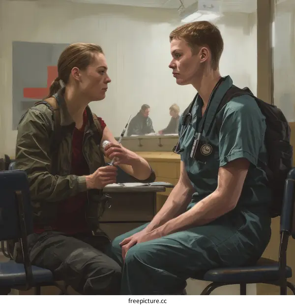 A woman in a green jacket getting an injection from a doctor in scrubs