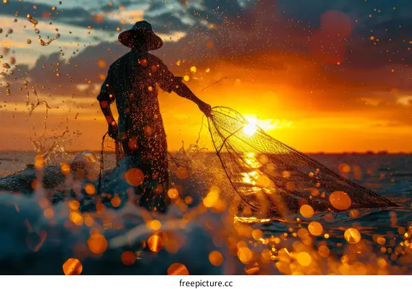 Fisherman silhouette at sunset with net in the water