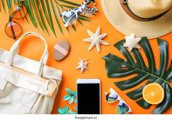 Summer Travel Essentials Flat Lay with Orange and Palm Leaves