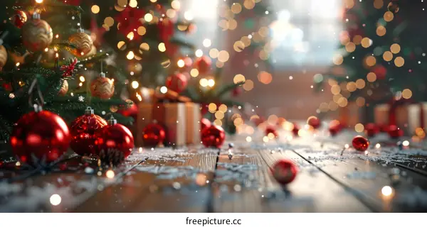 Christmas Background with Red Ornaments and Blurred Lights