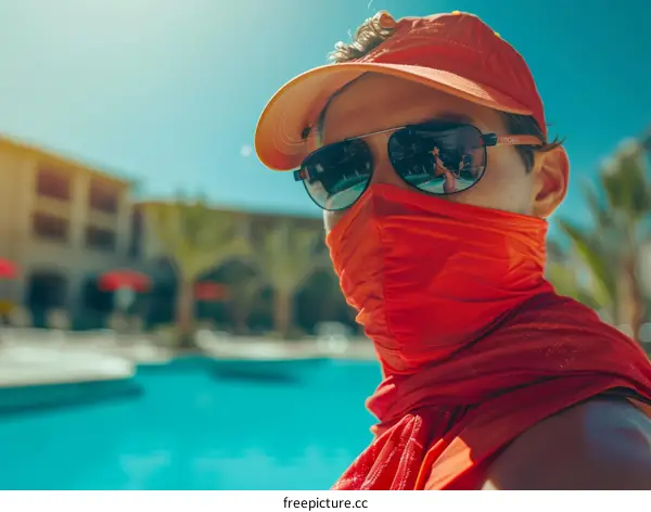 Lifeguard wearing a face mask on duty by the pool