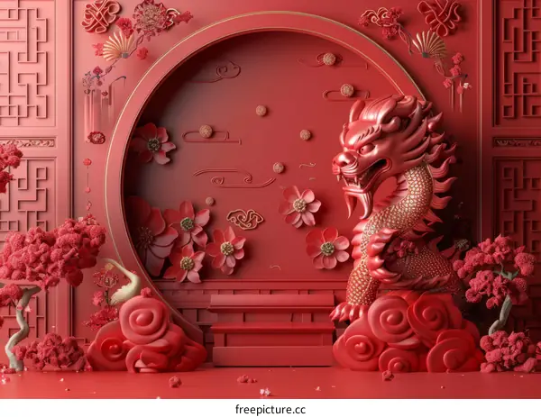 3D rendering of a red dragon with traditional Chinese elements