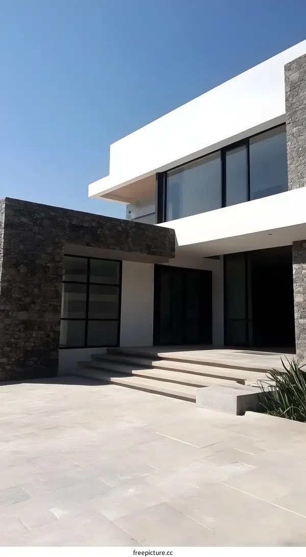 Modern House Exterior With Stone Wall And Steps