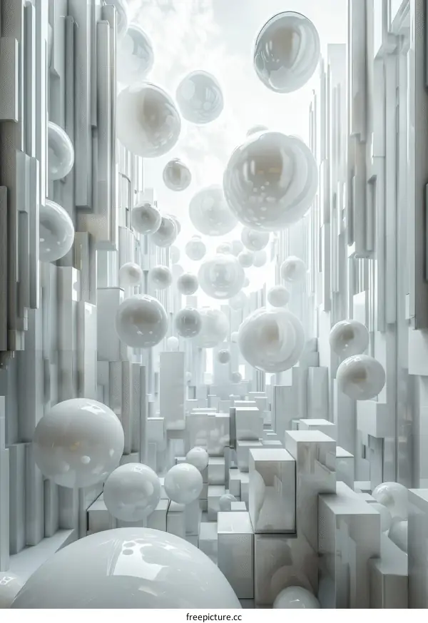 Abstract Geometric Cityscape with Floating Spheres