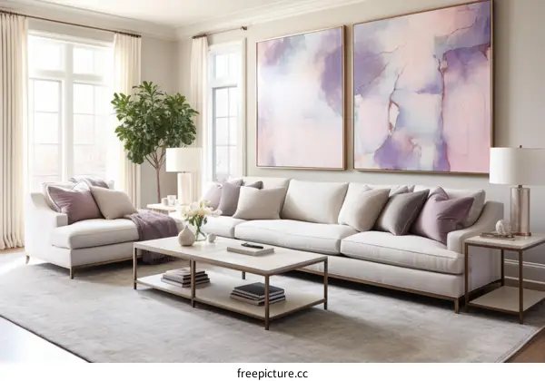 Elegant Living Room with Mauve Abstract Paintings