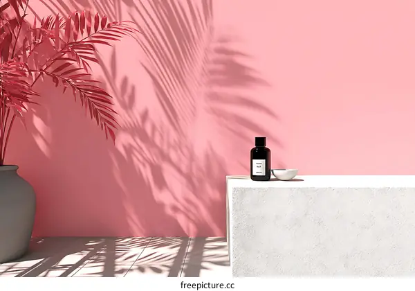 Pink Room Scene with Tropical Plants and Product Display