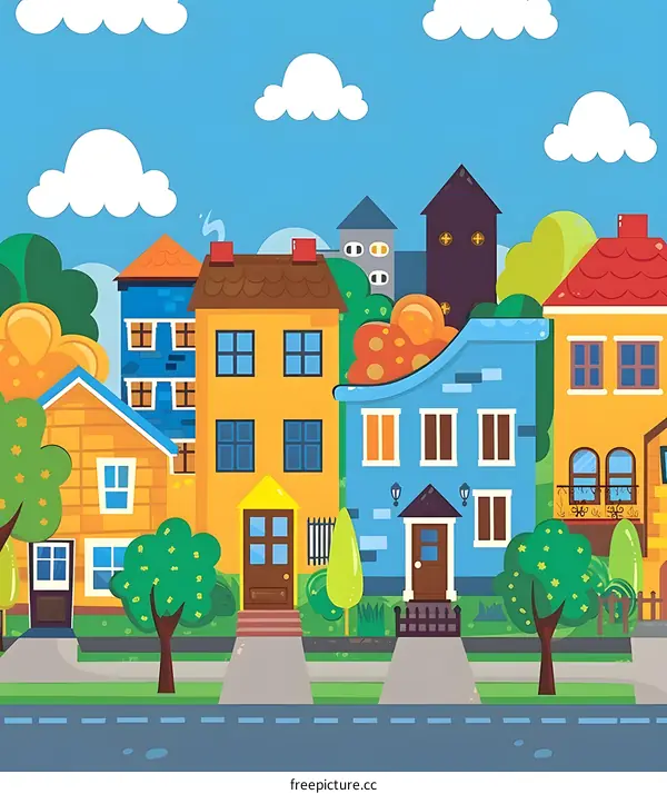 Cartoon Illustration of a Colorful Street with Houses and Trees