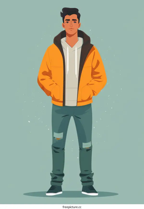 A young man wearing a yellow jacket and blue jeans